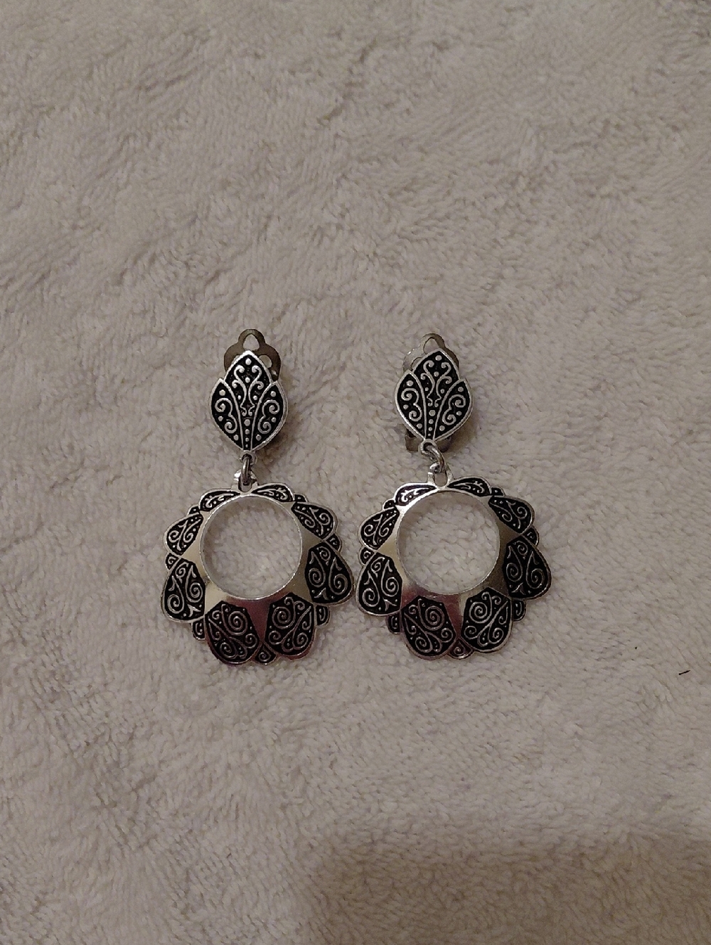 Silver-Tone Filigree Drop Earrings - Black Accent Clip On